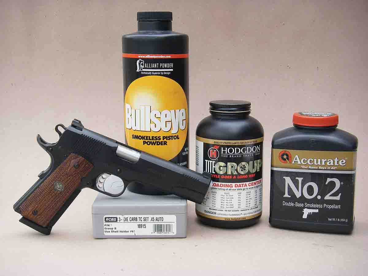 Alliant Bullseye, Hodgdon Titegroup and Accurate No. 2 powders are good choices for 200-grain accuracy loads in the .45 ACP.
